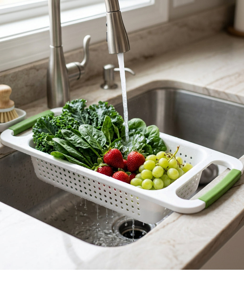 Neatva Extendable Sink Colander White Green 15 in
